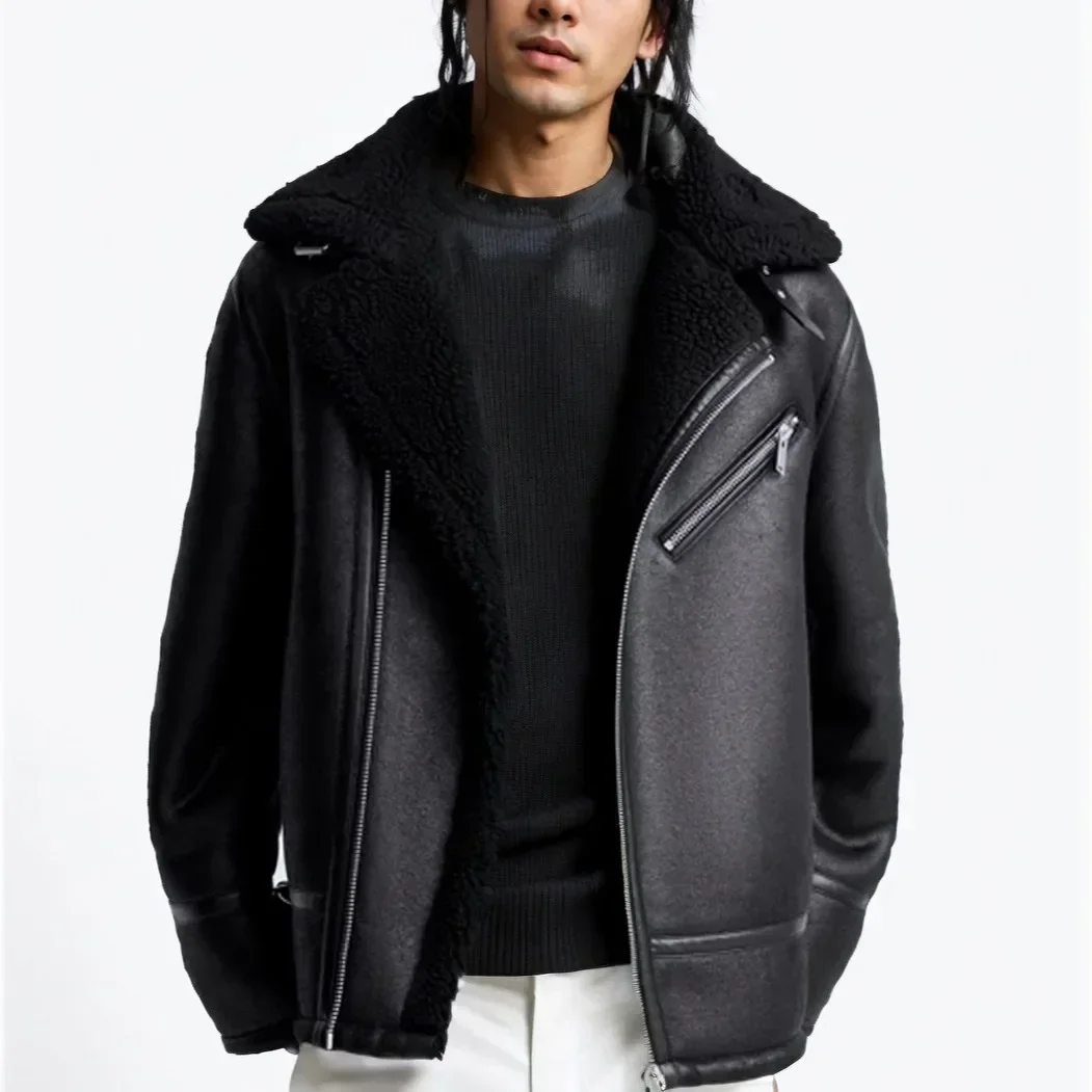 

2023 short Men's retro imitation fur motorcyclet hick black off white zippered jacket for clothing synthetic leather streetwear