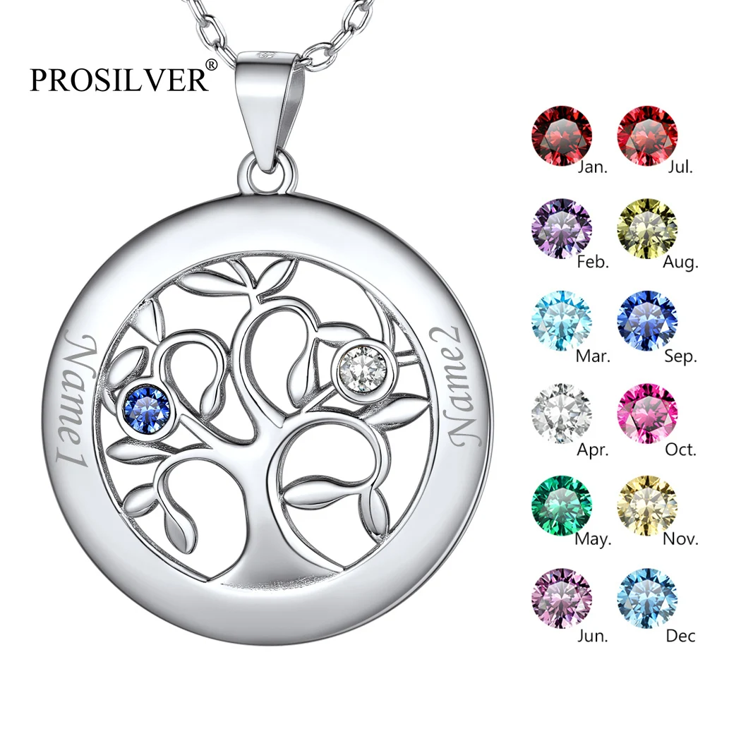 

PROSILVER Birthstone Tree of Life Family Necklace Sterling Silver Women Girls Customized Name Round Pendant Gold/Silver PYP15069