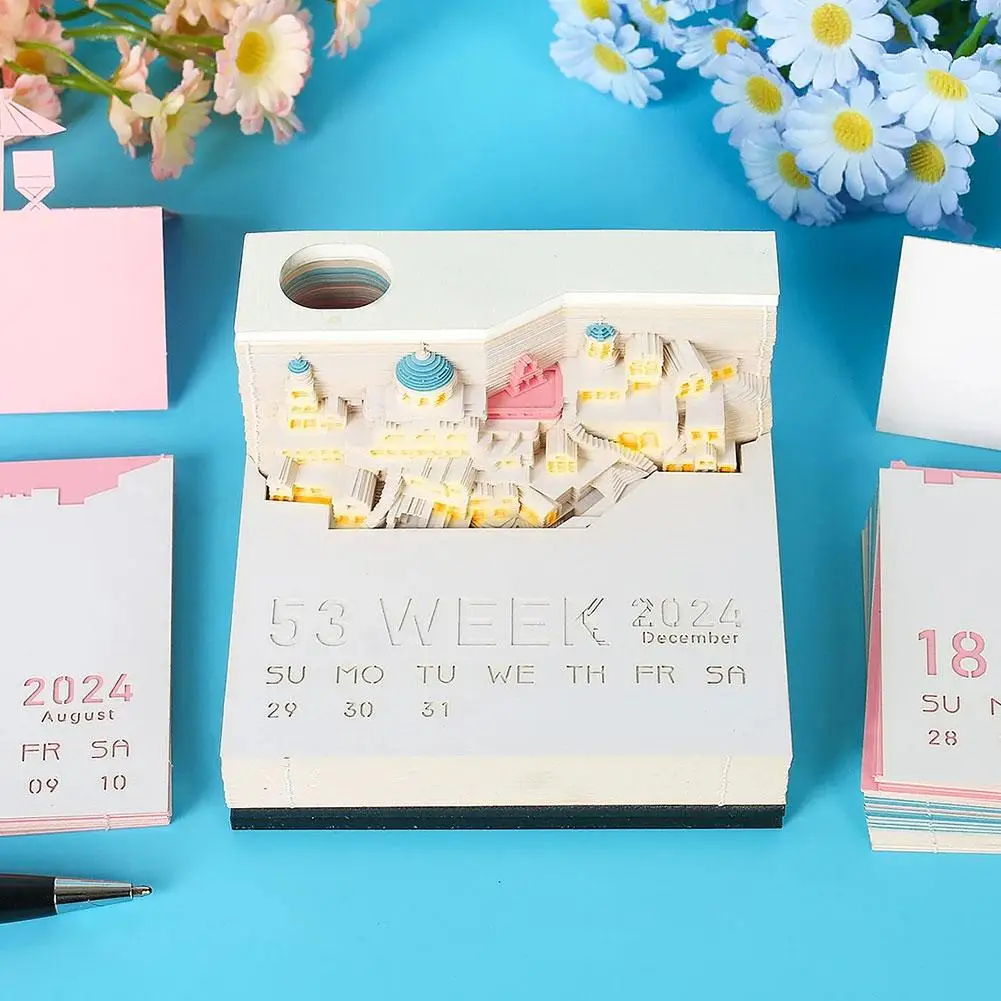 3D 메모장 2024 달력 메모 2024, 산토리니 3D 메모장 블록, Led 노트 종이 아트 책상 달력 선물, 1 개