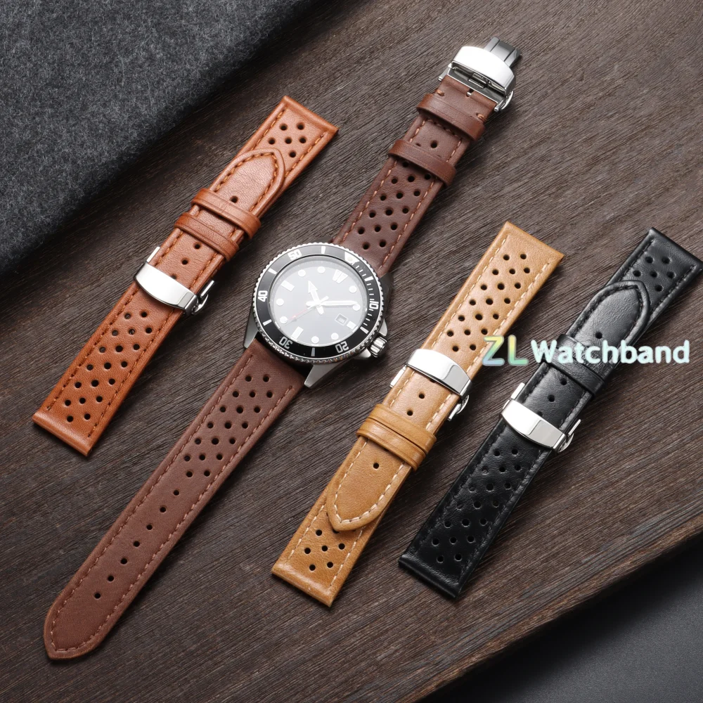 Vintage Leather Watch Band with Butterfly Buckle - Breathable Bracelet Belt Accessory