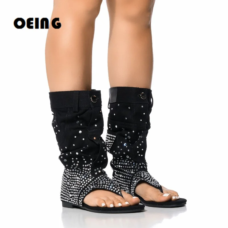 

Summer Women Rhinestone-embellished Mid-calf Boots Thong Toe Flat Heels Denim Sandals Female Bling Cute Shoes Botas De Mujer 44