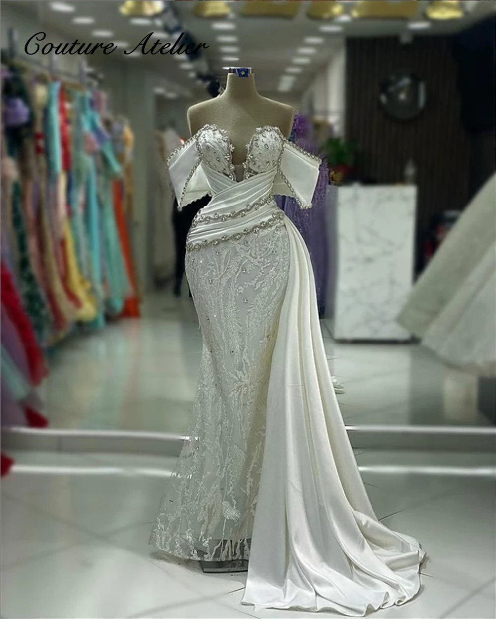 

Luxury Dubai Beaded Lace Off The Shoulder Wedding Dress Mermaid Saudi Arabia Bridal Gowns Custom Made Crystal Vestido de novia