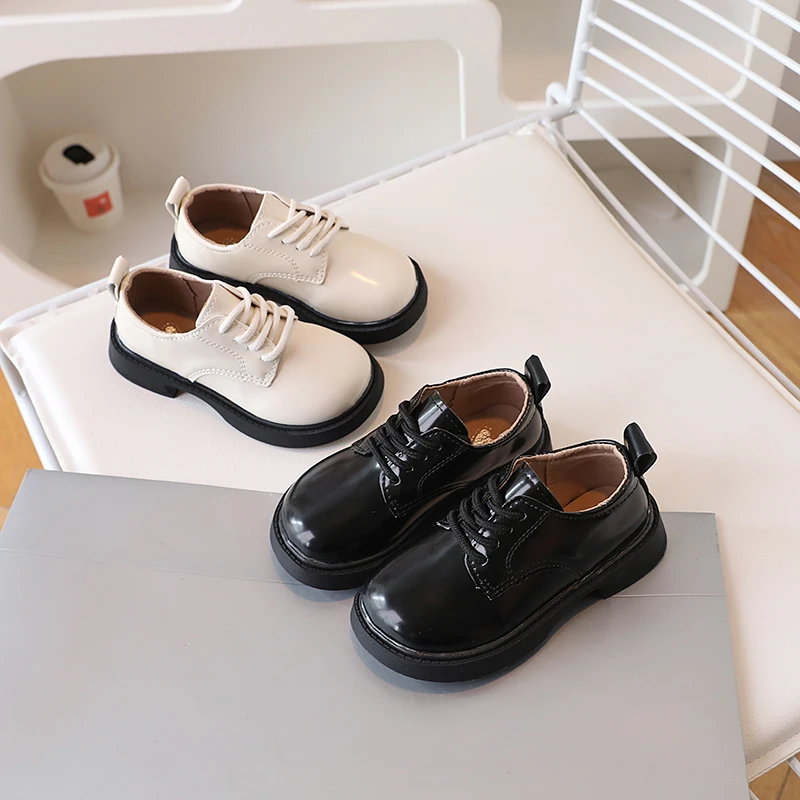 Children's Leather Shoes Simple School Uniform Shoes for Boys Girls Performance Versatile Fashion Black Beige Kids Causal