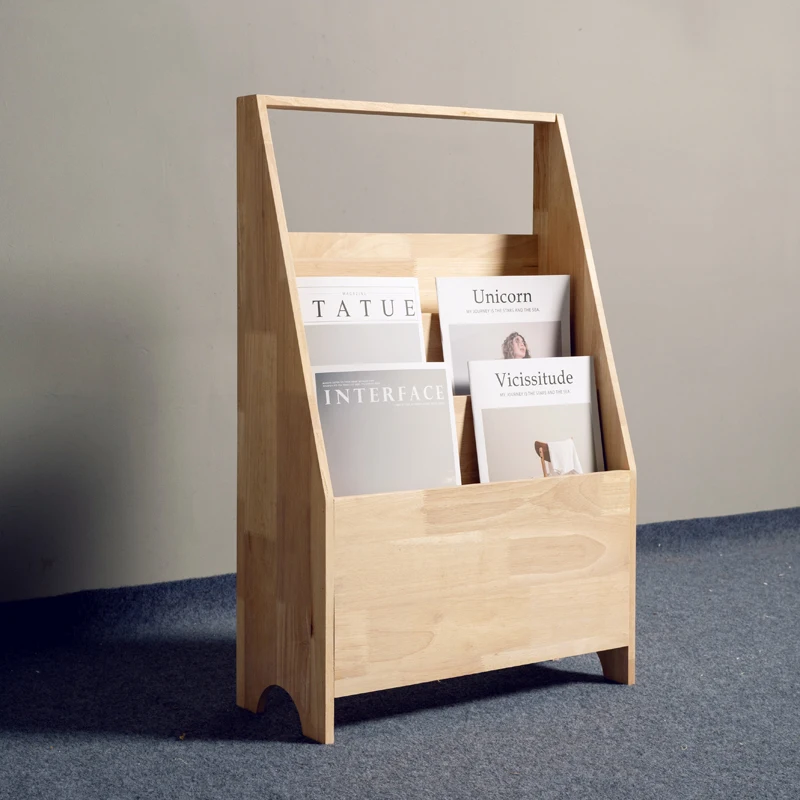 Nordic Magazine Rack Minimalist Solid Wood Bookshelf 3-Tier Poster Display Living Room Vintage Floor Standing Organizer-FYMR