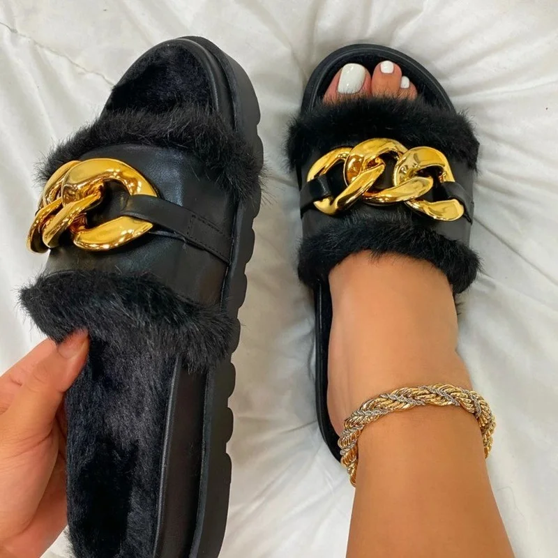 2023 Winter Plush Slippers Open Toe Solid Color Women's Sandals Metal Chain Outdoor Casual Women's Shoes  Fashion Shoes