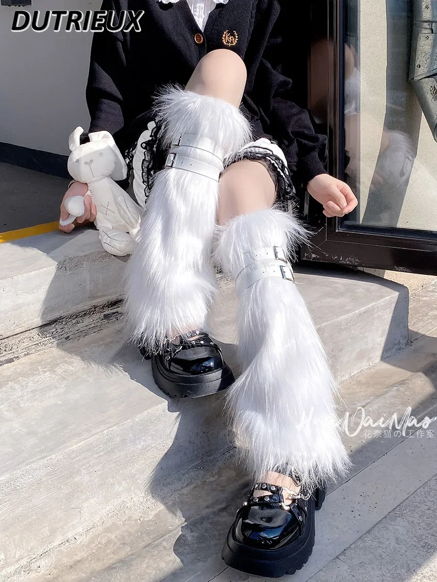 Y2k Hot Girl Fur Imitation Leg Warmer Warm Thickened Punk Leather Ring Sock Fleece-lined Tube Socks JK Foot Cover Legwarmers