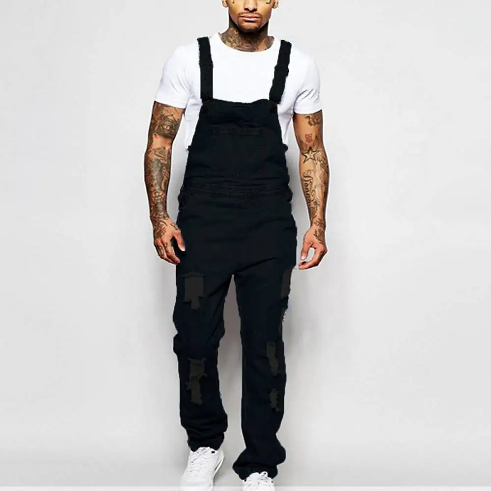 Men's Solid Fashion Pockets Denim Bib Overalls Loose Suspender Jeans Trousers Male Daily Classic Casual Jumpsuit Autumn Winter 2