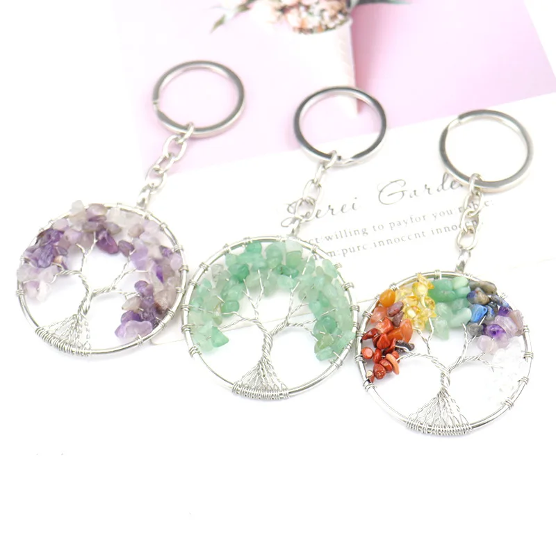 Tree of Life Keyrings Chip beads Natural Stone Crystal Chakra Quartz Keychain Pendant Keyrings Key Ring Bag Acc Jewelry