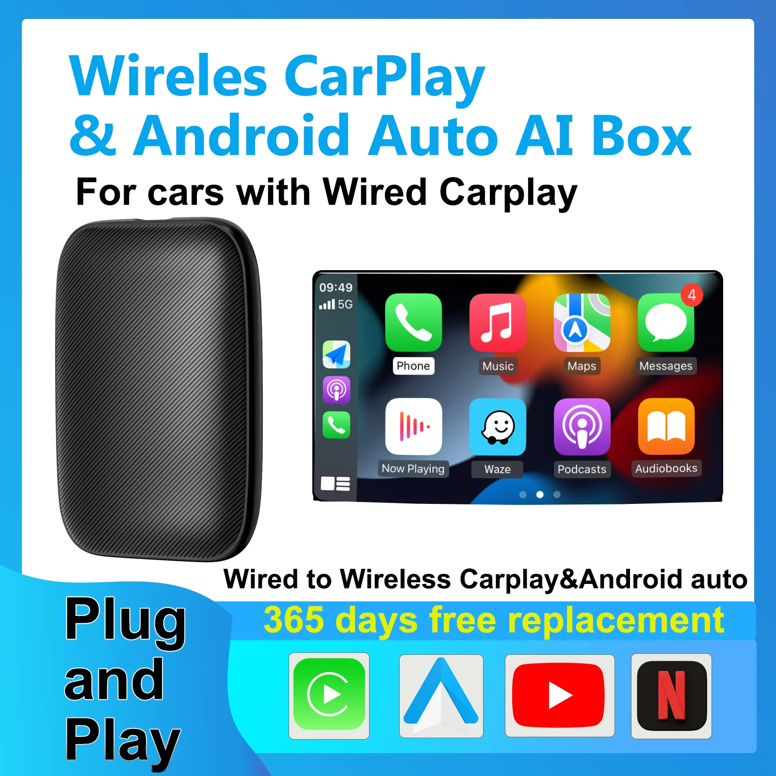 New Wireless Android Auto Adapter Carplay Dongle Netflix Youtube