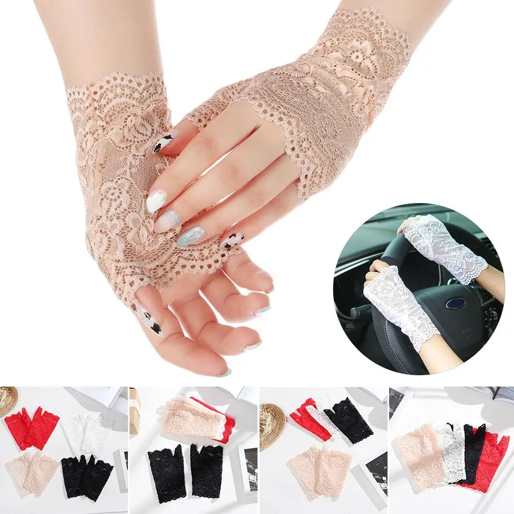 

1Pair Fashion Women Spring And Summer Dance Lace Gloves Sunscreen Short Gloves Fingerless Driving Gloves Half Finger Mittens