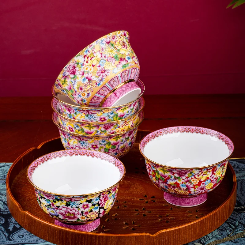 

Gold-Painted Bone China Household High-Leg Rice Bowl Enamel Single Ceramic Eating Small Bowl Porridge Bowl Tribute Bowl