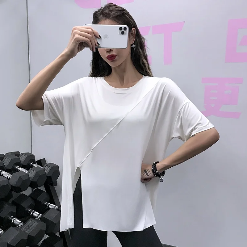 Lan 패턴 루즈 피트니스 탑 여성 여름 러닝 슬리밍 스포츠 요가 의류 반팔 캐주얼 티셔츠, 얇은 티셔츠