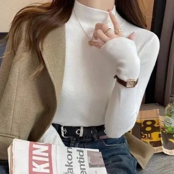 Abbigliamento donna autunno inverno filettatura a vite mezzo collo alto Pullover solido maglione a maniche lunghe lavorato a maglia moda Casual top 1