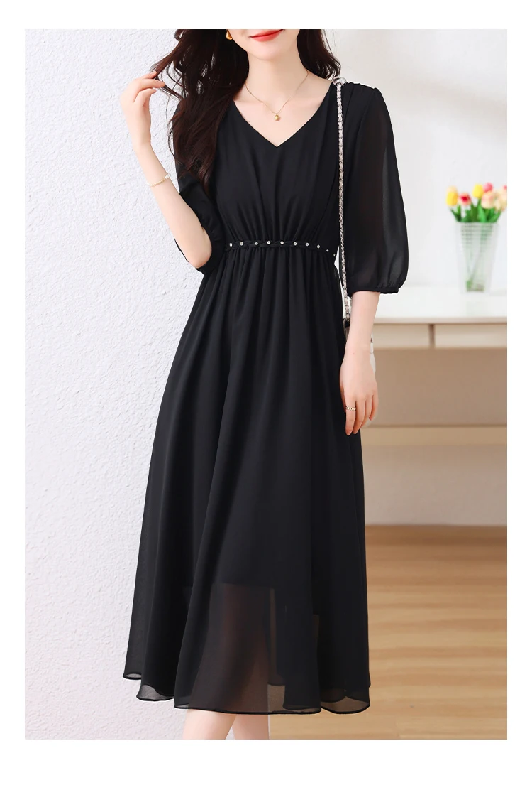 Black Chiffon Elegant Party Solid Long Vestido Women Elegant Prom Midi Clothes 2024 Summer Vintage Hepburn Evening Pleated Dress