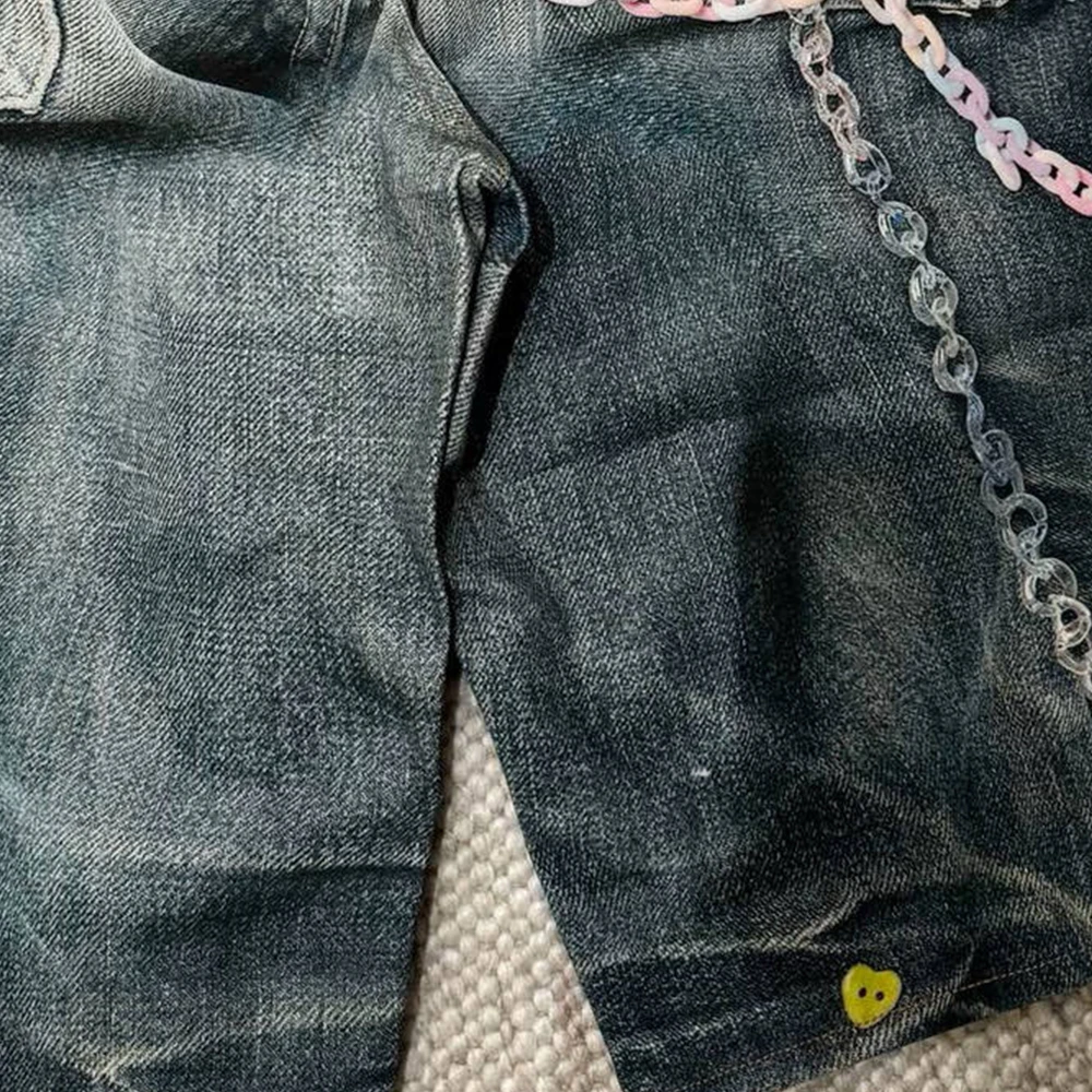 SS25 Candy Chain 3d Printed Vintage Aged Wide Leg Loose Fit Denim Shorts