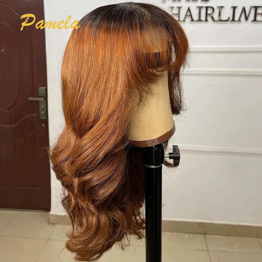 Honey Blonde Glueless Wig Ready To Wear Highlight Ombre 1bGinger Body Wave 9x6 Transparent Lace Closure Human Hair Wig With Bang