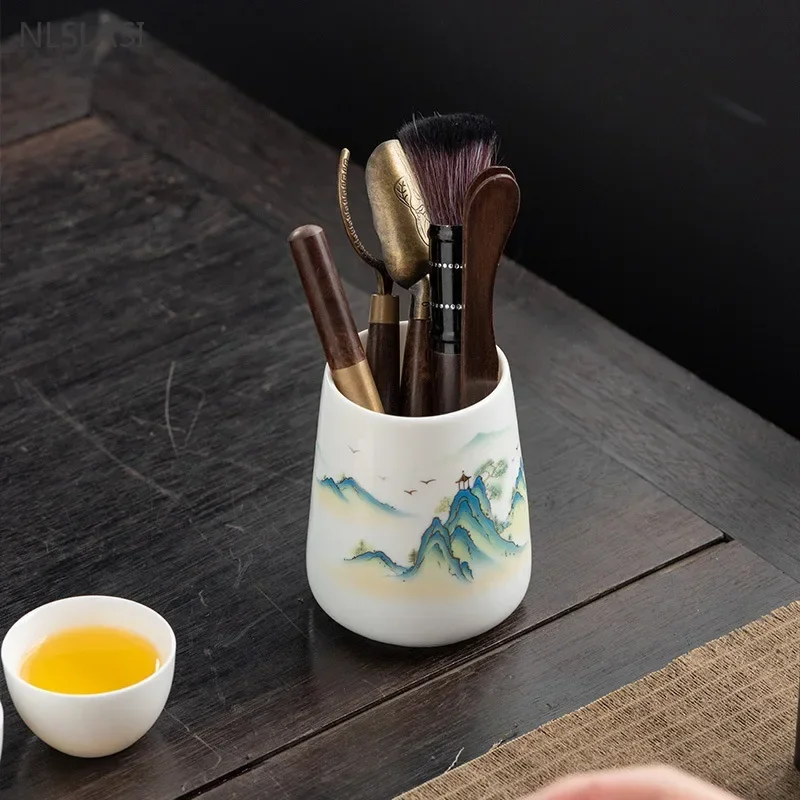 Mutton Fat Jade White Porcelain Storage Tank Six Gentlemen Set Traditional Tea Accessories Tea Needle Spoon Suit Tools