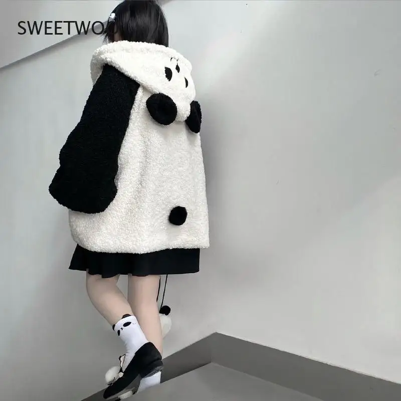 Autumn Winter Kawaii Hoodies Women Japanese Soft Girl Lambswool Cute Panda Ear Oversized Hoodie Preppy Style Button Coat