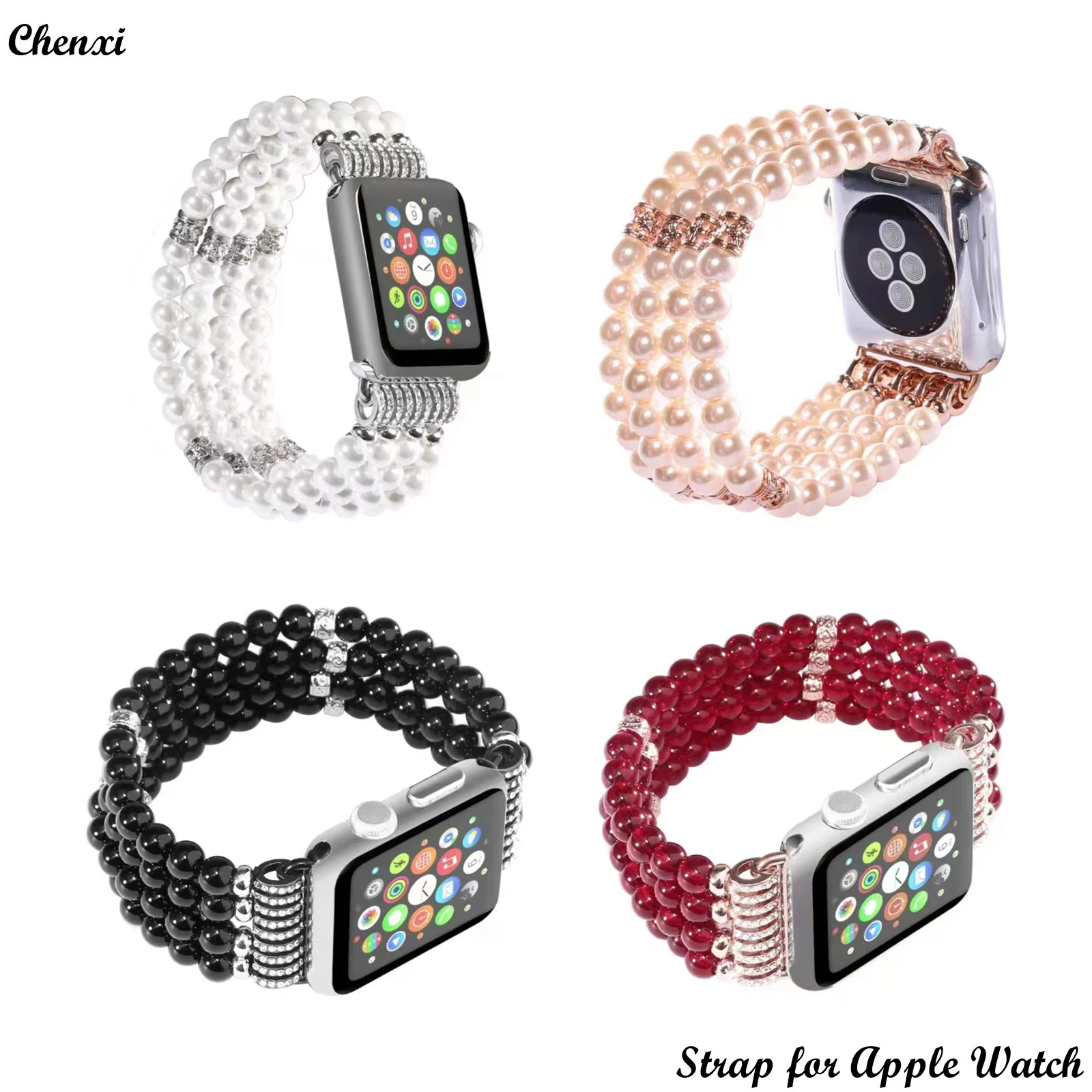 

Pearl Strap for Apple Watch Band Bead Bracelet Chain for Iwatch87654SE Ultra 38 40 41 42 44 45 49mm Elastic Women Metal Wrist