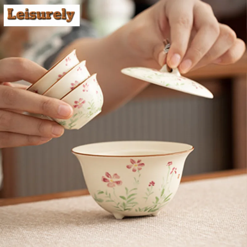Off-white Hand Painted Flowers Travel Tea Set Kit Retro 1 Bowl 3 Cups Tea Maker Organizer Portable Outdoor Stock Bags Ornaments