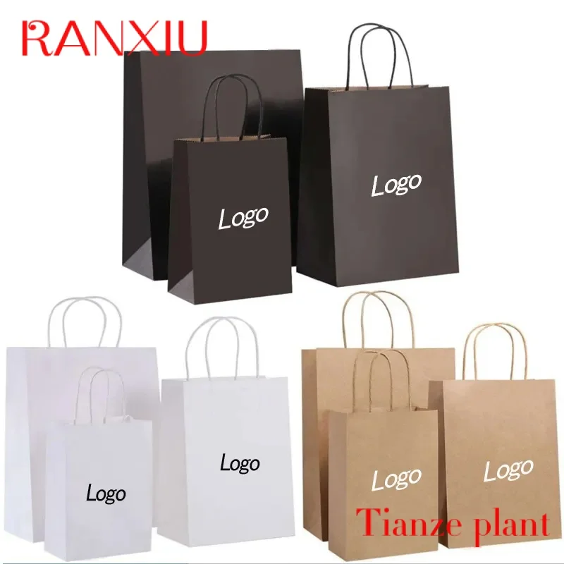 Custom Custom print shopping gift boutique packaging paper bag black white brown takeaway kraft paper bag with logo for fast foo customdisposable takeaway food packaging cardboard salad bowl cups print with lid