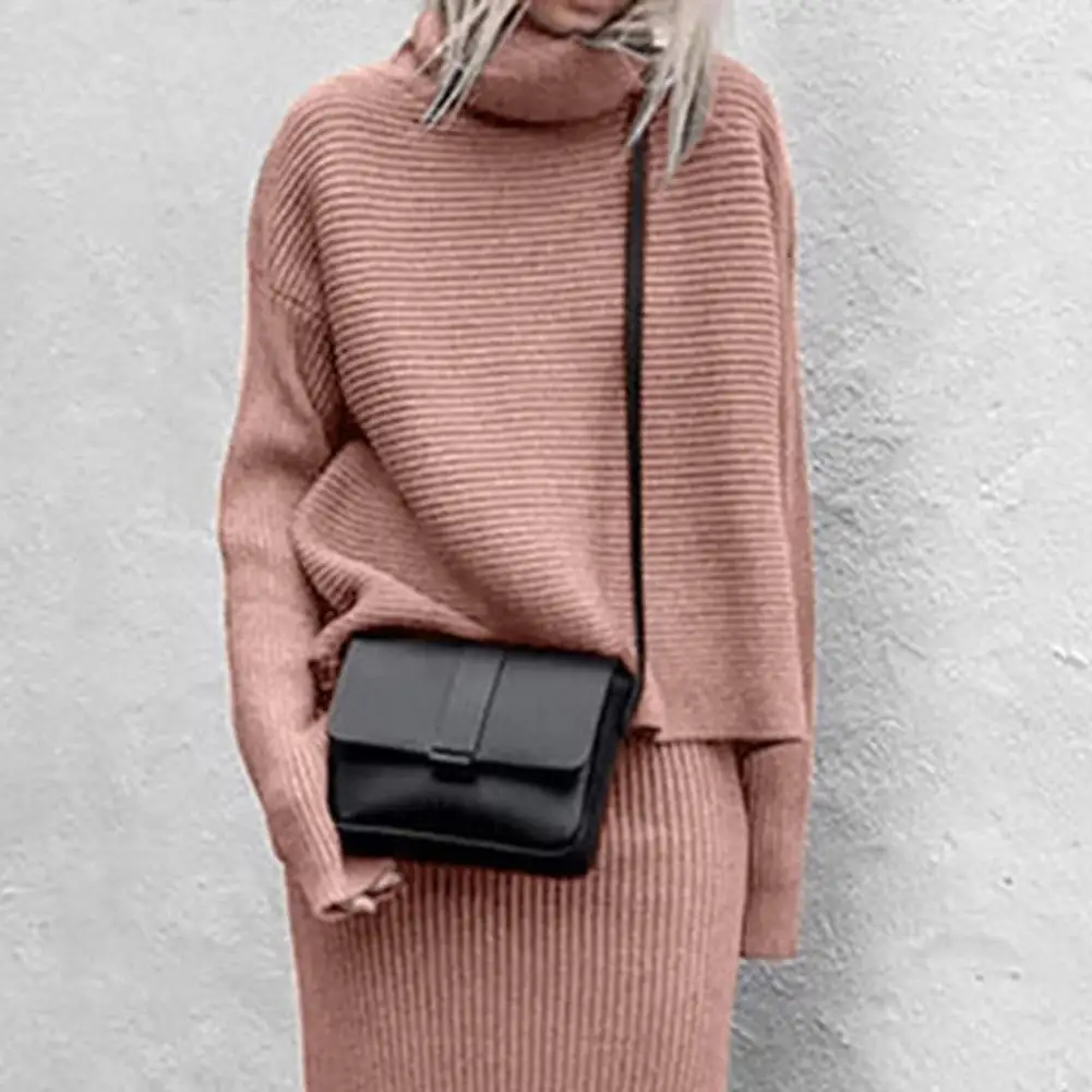 

Women Knitted Sweater Skirt Set Loose High Collar Casual Autumn Blouse Skirt Suit Pullover Sweater Two Pieces Set