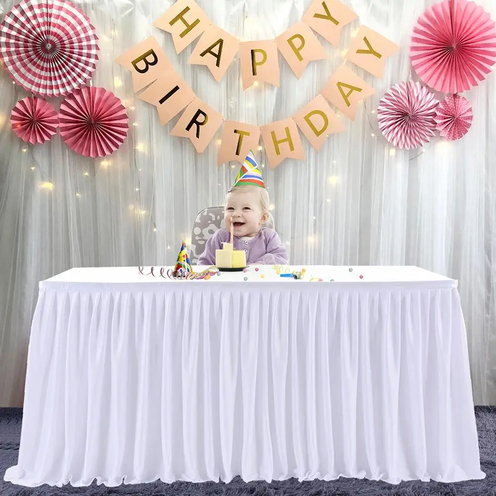 White Polyester Pleated Table Skirt Pleated Ruffle Tablecloth For Wedding Birthday Party Baby Shower Table Decoration