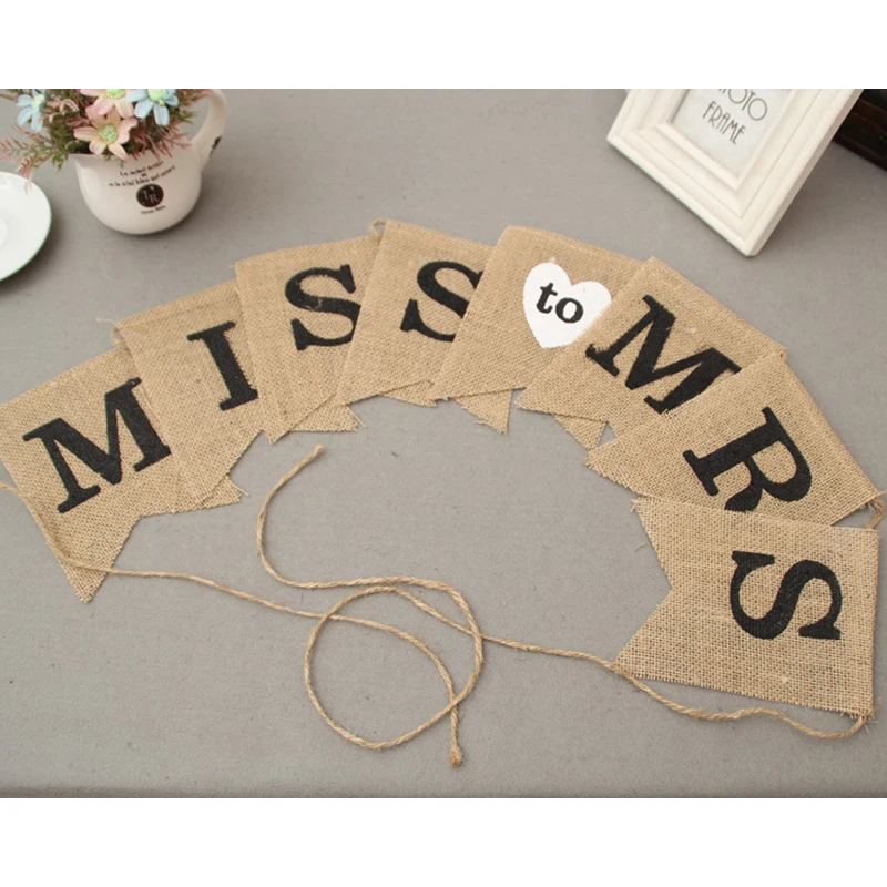 Mr Mrs Love heart Vintage Wedding Banner Jute Bunting Photo Props Marry Rustic Garland Flag Party Wedding Decoration 4