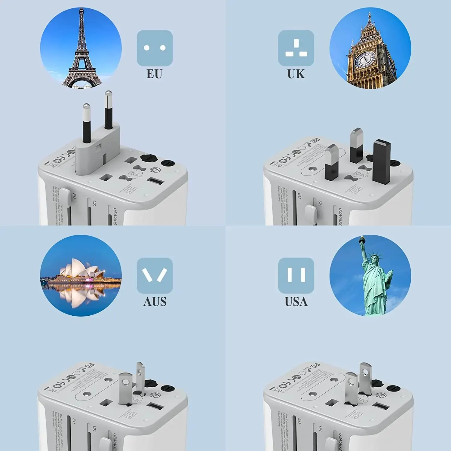 TESSAN International Plug Travel Adapter Universal with 3 USB Port and 1 Type C All-in-one Wall Charger for US EU UK AUS Travel