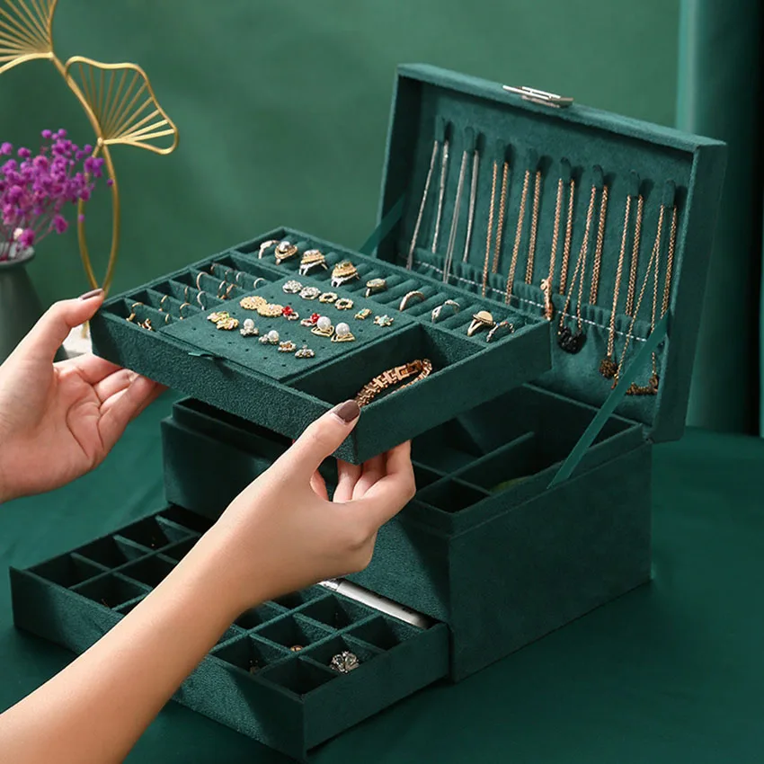 

New 3-layers Green Velvet Jewelry Organizer Large Capacity Ring Necklace Makeup Holder Cases Jewelry Box for Women with Lock