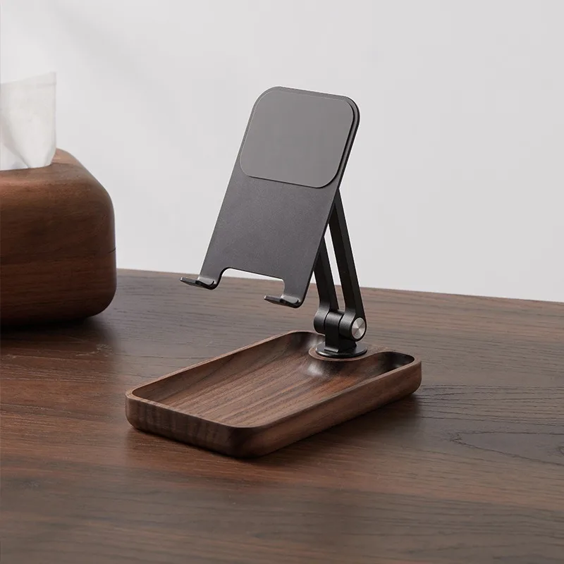 Supporto per cellulare/tablet girevole e pieghevole in lega di alluminio, in legno di noce nero, ideale per guardare video in diretta e trasmissioni._voghion.com