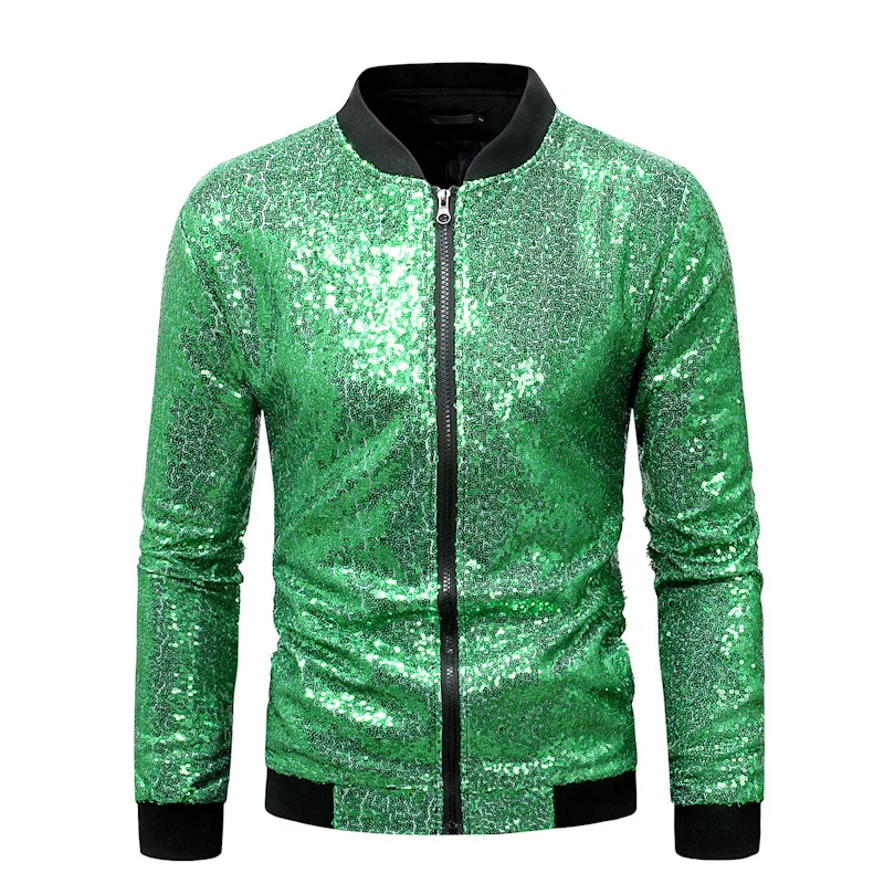 

Mens Shiny Green Sequins Jacket 70s Disco Christmas Party Varsity Jacket Zip-up Baseball Bomber Jackets Men Chaquetas Hombre XXL