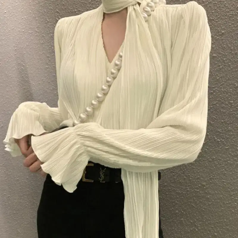 New Solid V-Neck Tie Fold Flare Sleeve Loose Long Sleeve Shirt Top for Women  women blouse  blusas mujer