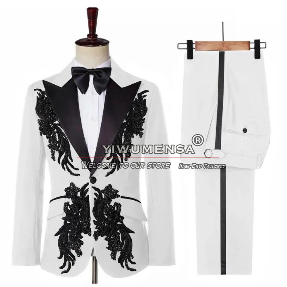 

Elegant White Suit Men For Wedding Black Beaded Appliques Jacket Pants 2 Pieces Groom Man Tuxedos Custom Made Male Prom Blazers