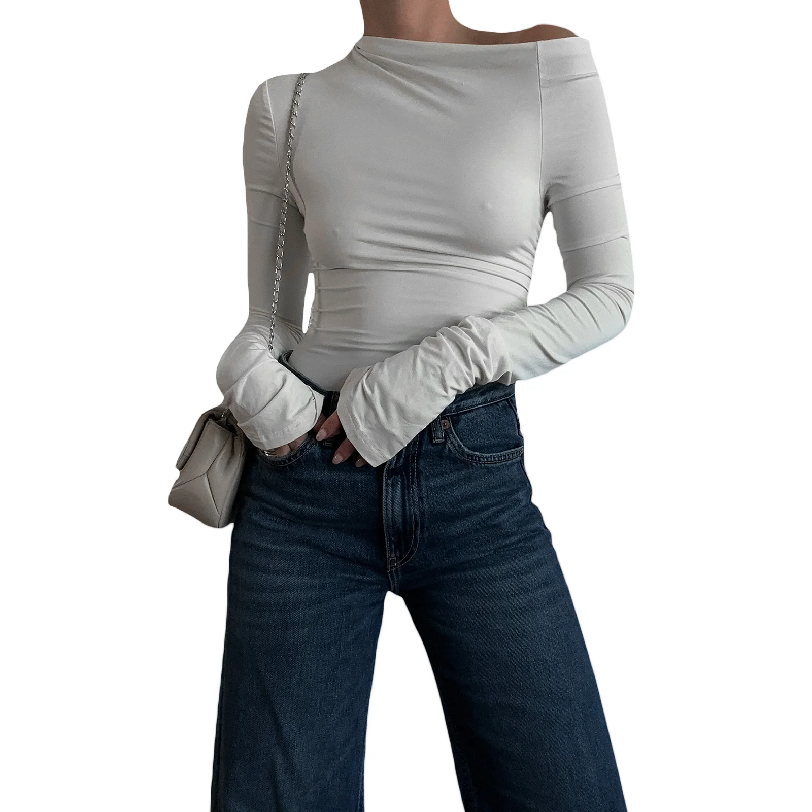 

Women's Irregular Solid Color Tops Slant Shoulder Long Sleeve Slim T-Shirt Clubwear