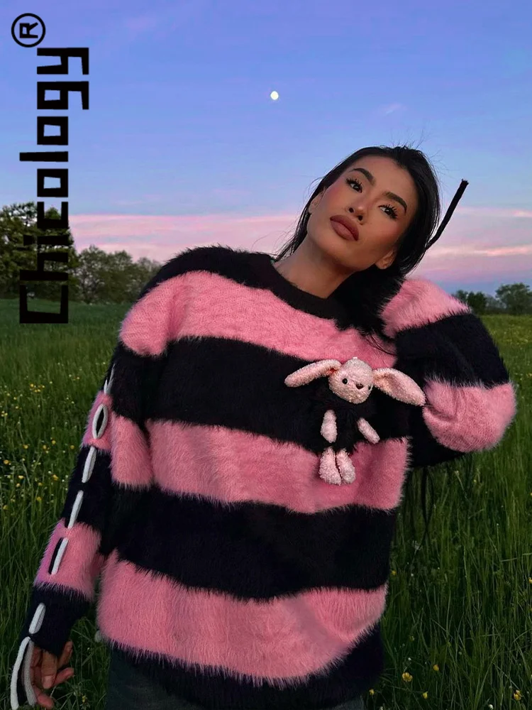 

Chicology Long Sleeves Rabbit Pink Soft Loose Sweater Autumn Winter Casual Streetwear Daily Top 2023 Women Clothes For Wholesale