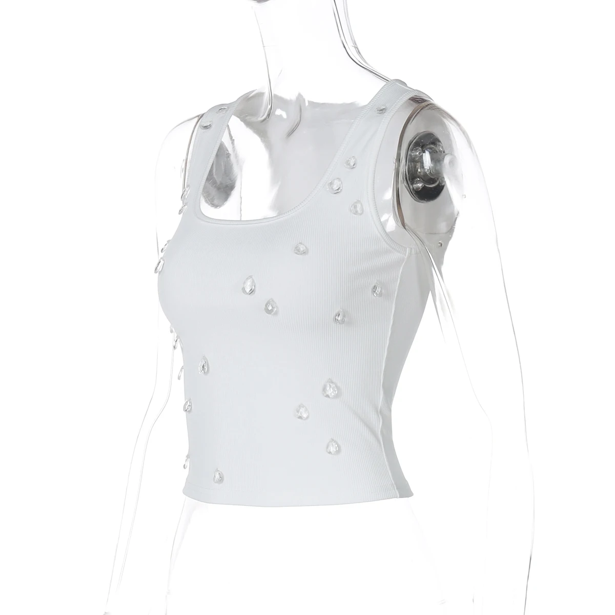Hugcitar Mode Kristall Solide Quadrat Kragen Sexy Schlank Crop Tank Top Sommer Frühling Frauen Y2K Kleidung Streetwear Party Urlaub – Detail 4