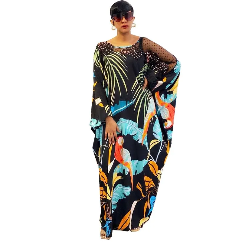 

Fashion Beaded Loose Round Neck Muslim Abaya African Dresses For Women Printed Net Long Maxi Dress Robe Boubou Africain Femme