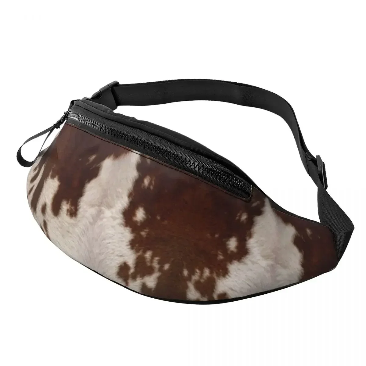 

Brown Calf Cowhide Fanny Pack Men Women Animal Skin Fur Leather Texture Crossbody Waist Bag for Camping Biking Phone Money Pouch