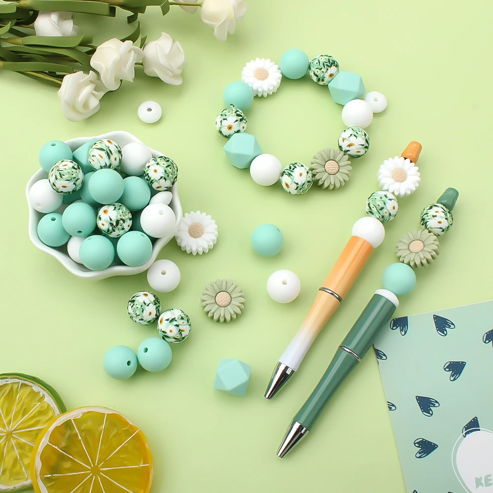 30Pcs Baby Silicone Beads Daisy Theme Beads For Jewelry Making DIY Beaded Pen Necklaces Food Grade Jewellery Accessories