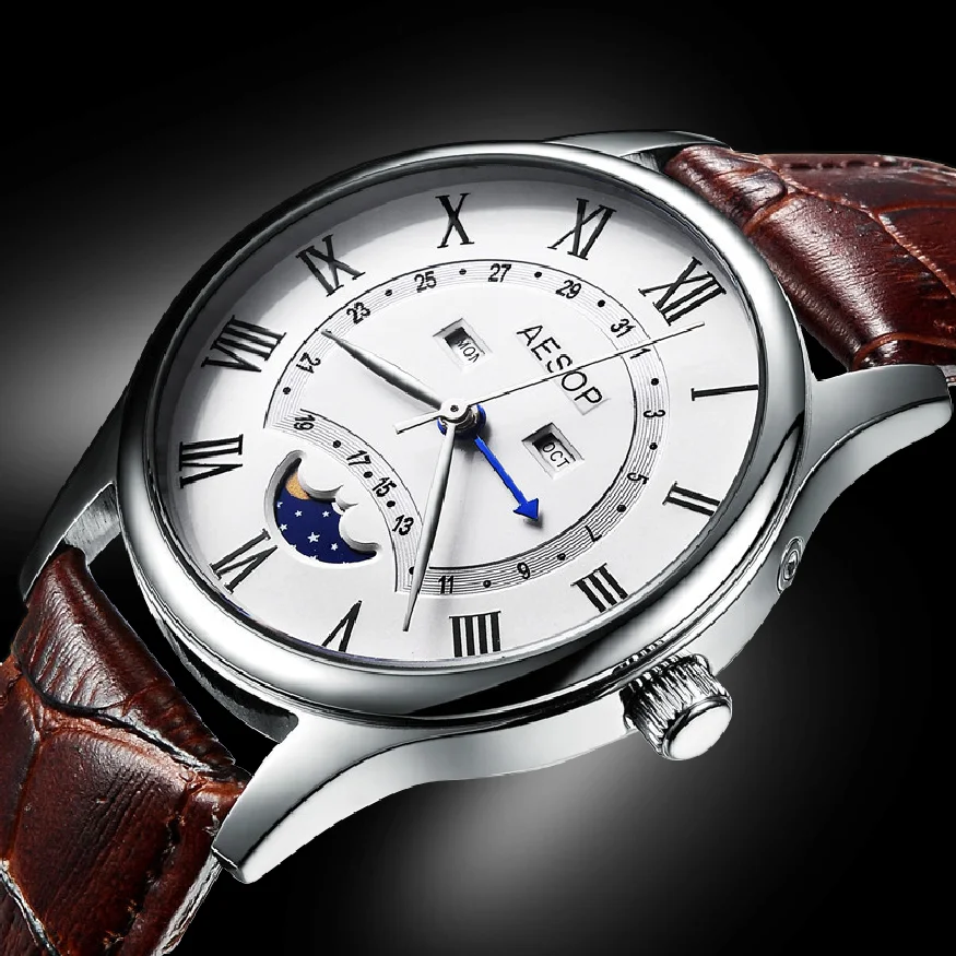 

Relogio Masculino AESOP Luxury Top Brand Quartz Watch Men Clock Moon Phase Sapphire Crystal Watch Leather Wrist Watch