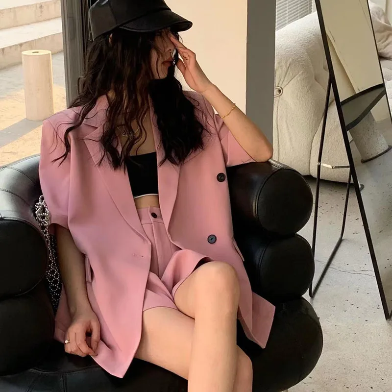 

Women's Fashion Short Sleeve Suit Coat Two Pieces Spring Summer Female Casual Blazers Shorts Suits Korean Elegant Matching Set