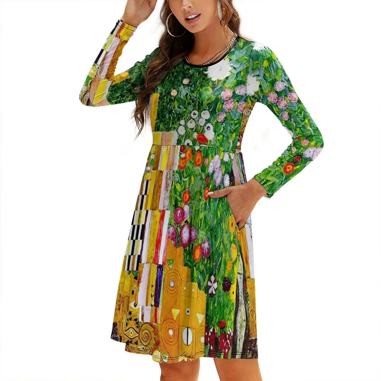

Gustav Klimt ; Vintage 1917 Adele Bloch-Bauer in Garden Print Round Neck Baggy Dress ceremony dresses summer dresses womens 2024