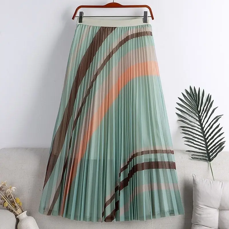 2023 Summer New 100 Pleated Mesh Skirt Contrast Stripe Mid length Large Swing A-line Skirt Half length Skirt