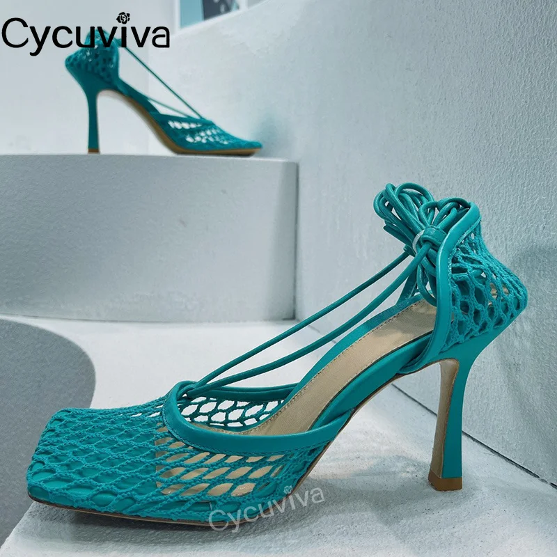 

Green Big Net Sandals Women Hollow High Heels Designer Sandal Square Toe Lace Up Sexy Summer Party Banquet Shoes Woman Stilettos