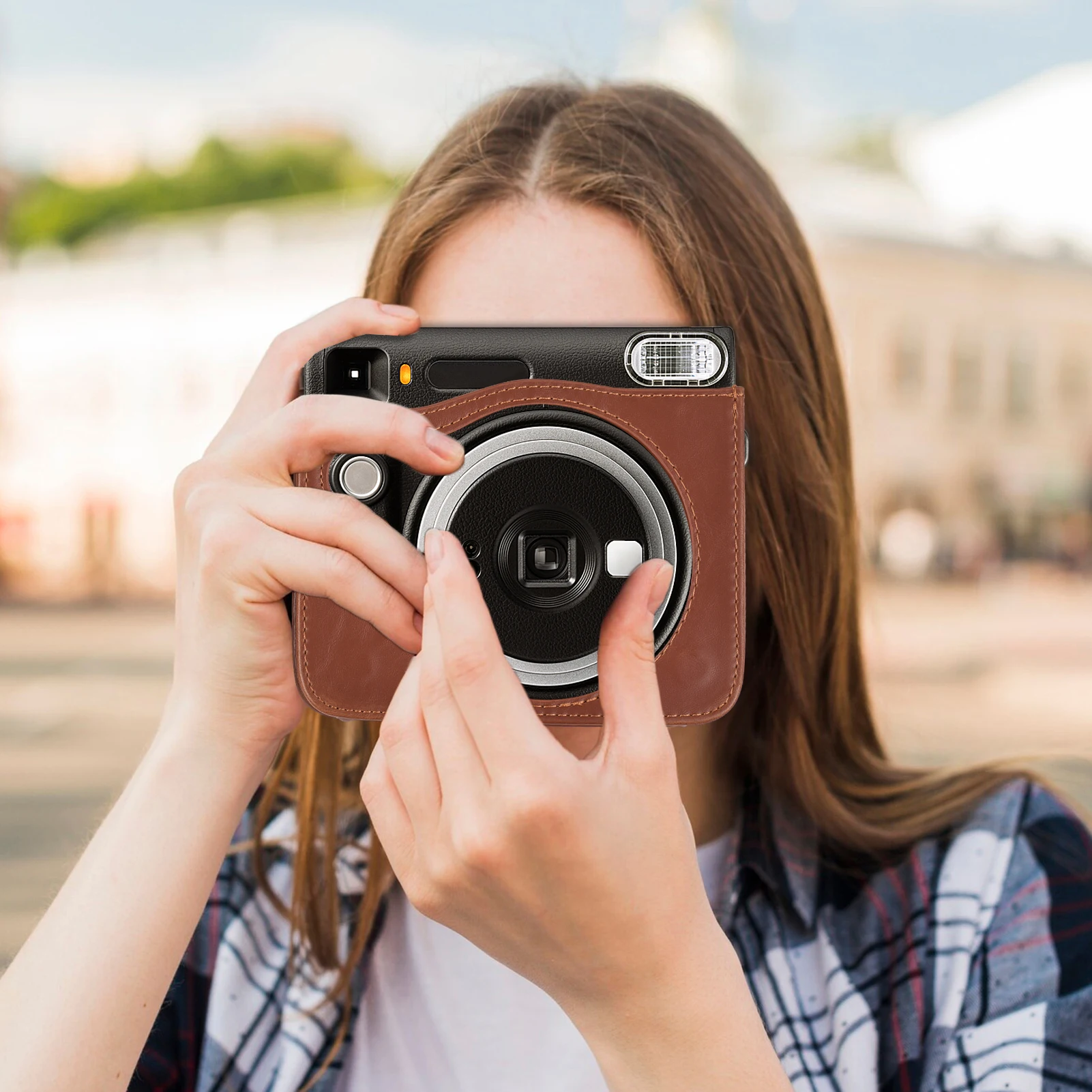 Instant Camera Storage Case with Magnetic Buckle and Shoulder Strap in PU Leather