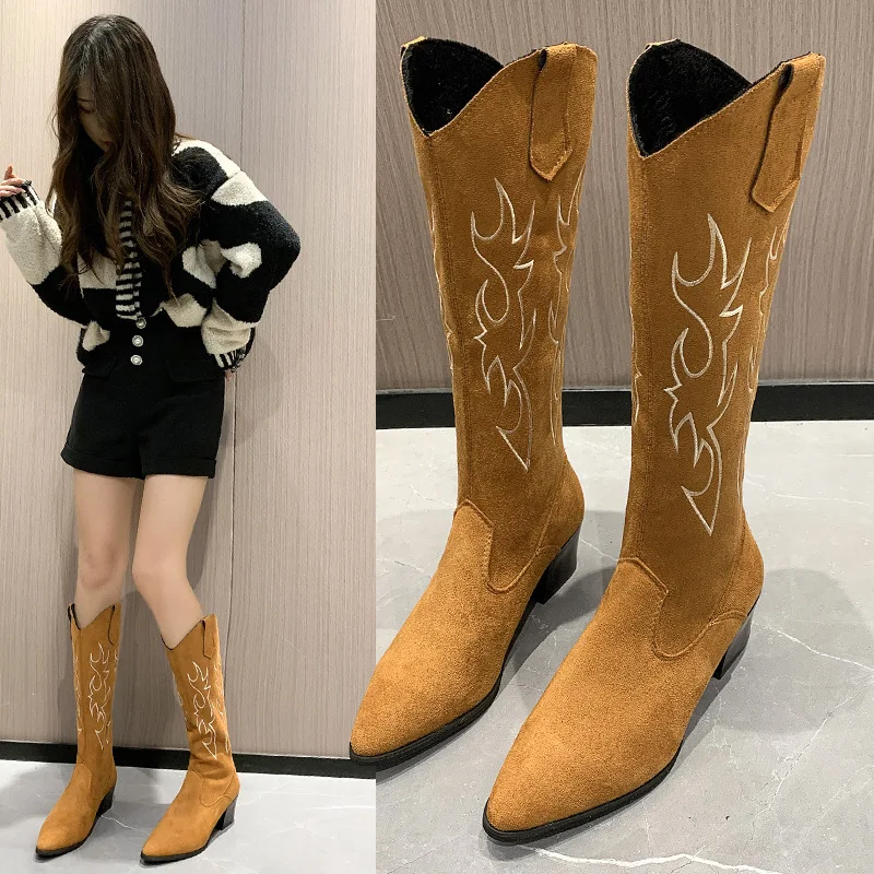 2022 Women Western Cowboy Boots Pointed Women's Shoes Printing Mid Calf Boots Winter Chunky Heel Wedges Knight Botas Feminina