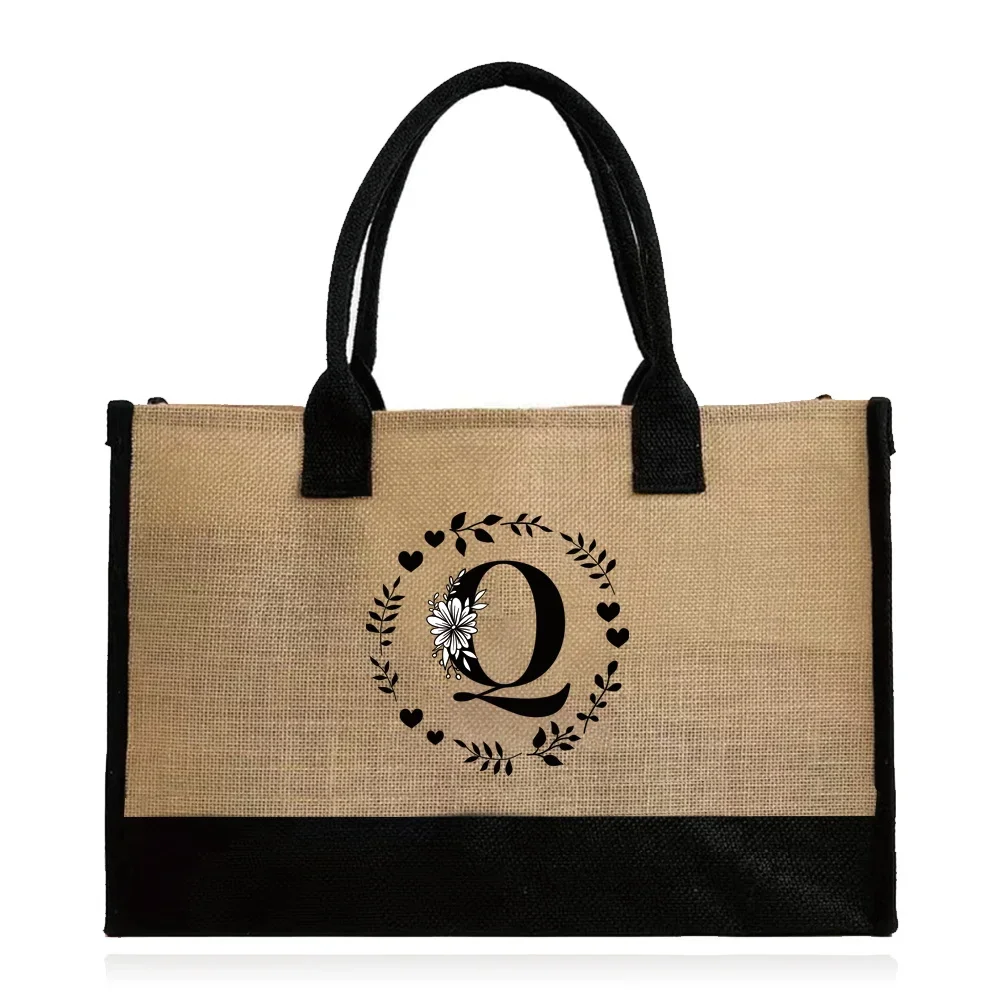 Large-Capacity Burlap Tote Bag with Garland Letter Design
