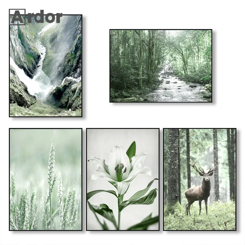 

Nature Forest Lake Deer Posters and Prints White Flower Plant Canvas Painting Wheat Wall Art Pictures for Living Room Home Decor
