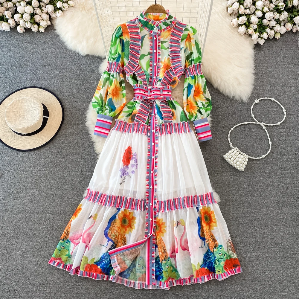 

Vintage Style Stand Collar, Flounces, Waist, Single Breasted Printed Dress